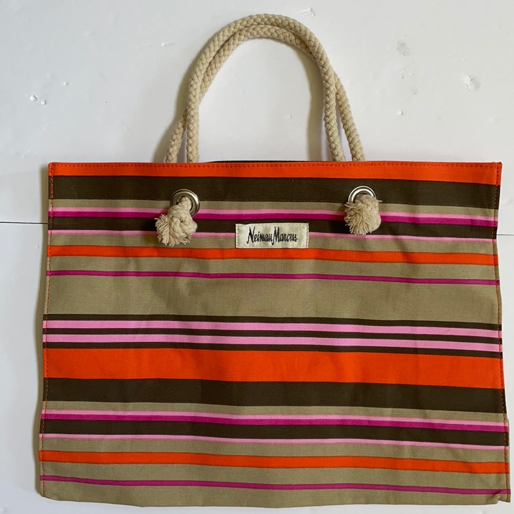 Neiman Marcus Orange and Pink Striped Tote